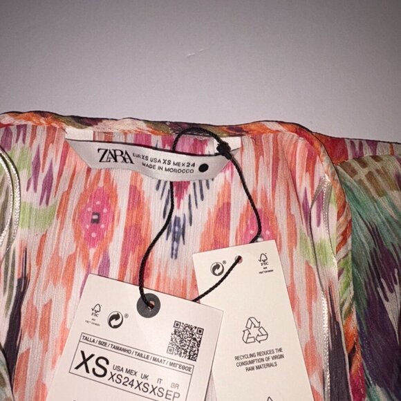 NWT NEW Zara Feather Trim Printed Blouse XS Boho Sheer Tassle Button Front - Picture 5 of 10